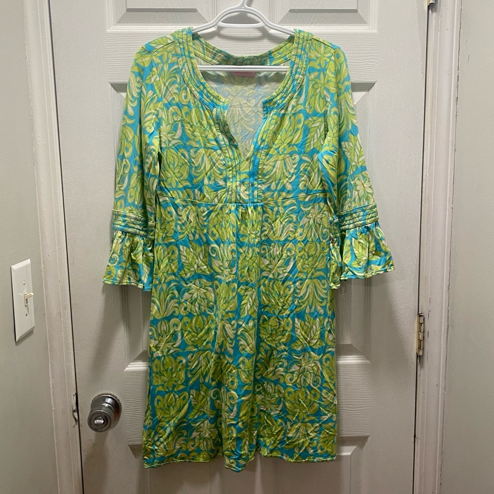 Lilly Pulitzer green blue floral print twyla dress split neck tunic.